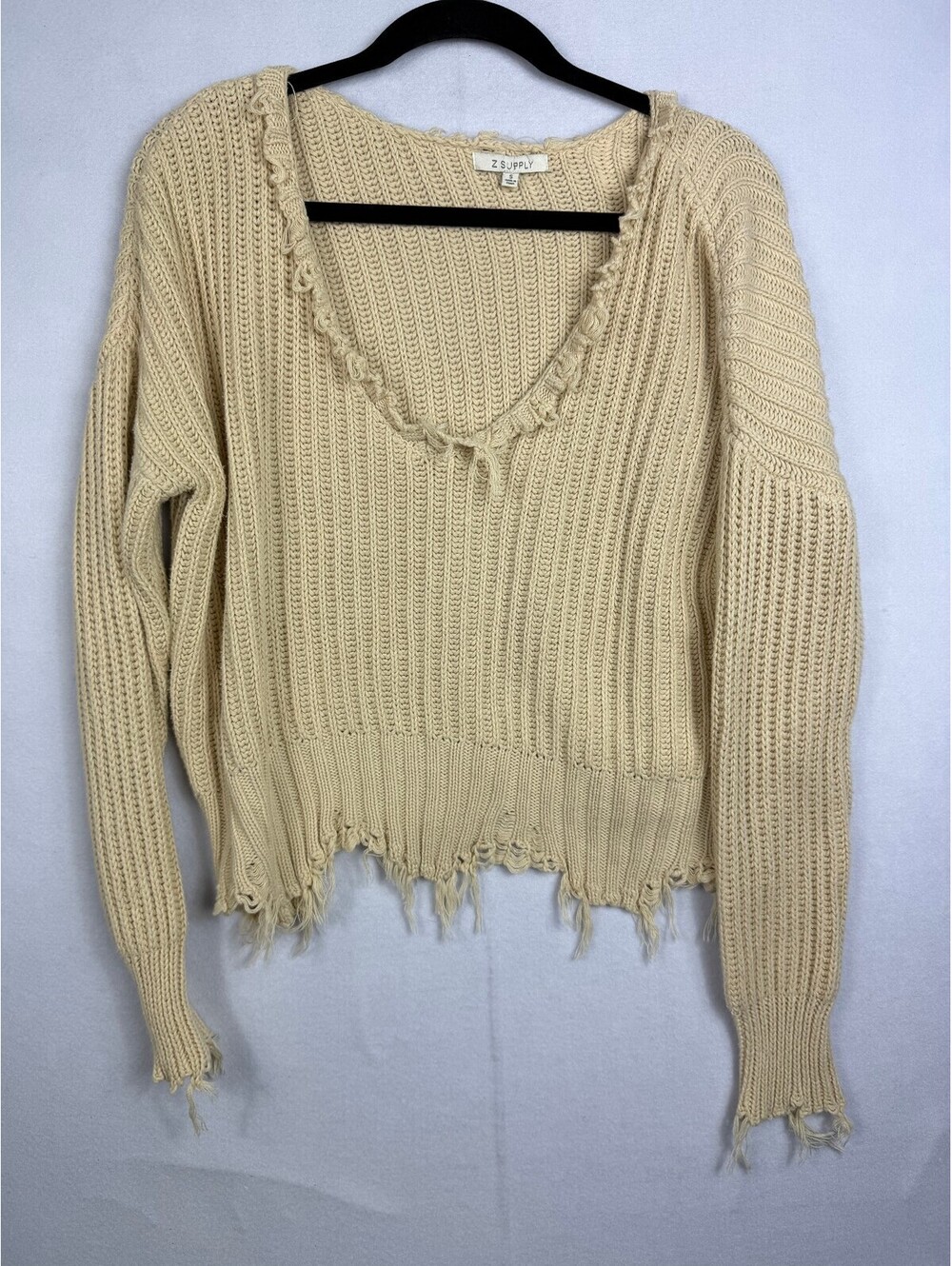 Z Supply Women's Sweater Sz S Cream Distressed Fringe Hem Ribbed Knit Cotton